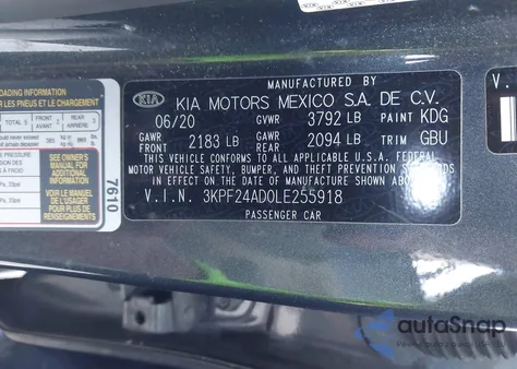 2020 Kia Forte Lxs z USA, uszkodzony, nr VIN 3KPF24AD0LE255918